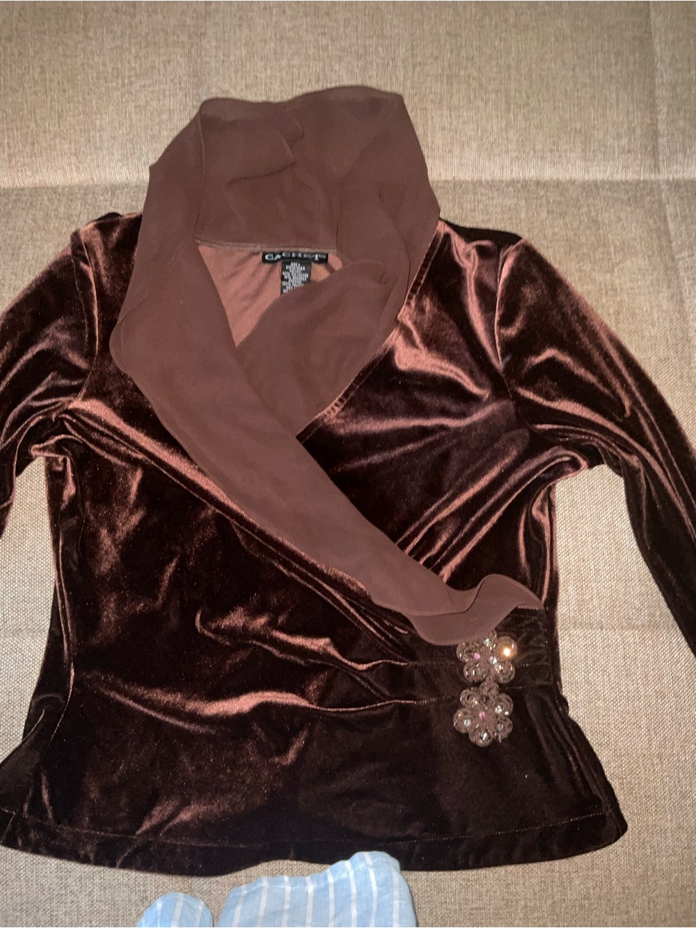 Cachet Chocolate Brown Velvet Wrap Jacket with Brooch Accents